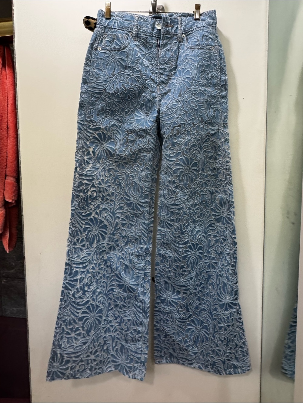 Veronica Beard Light Blue Floral-Embossed Wide-Leg Jeans